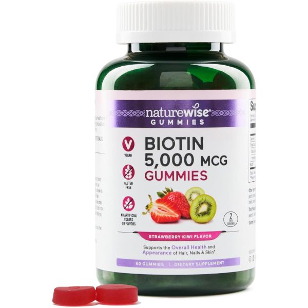 모발 <b>성장</b> 두뇌 <b>네이처와이즈</b> 비오틴 구미 피부 손톱 힘 비타민 B7 5000mcg 딸기키위 맛 비건 비GMO 글루텐 프리 60카운트[1개월 공급량]  Strawberry Kiwi