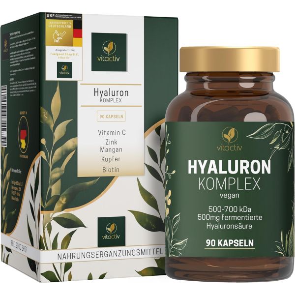 Vitactiv Natural Nutrition 비타틱티브 히알루론산 복합체 - 고용량 캡슐 500mg 500-700 kDa 비건 비타민 C 아연 망간 구리 비오틴 등 함유 실