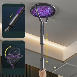 접이식 2-in-1 전기 모기채, 회전 헤드 포함, 실내/사무실/캠핑용 USB 충전식 파리채, 보라색 곤충등, 연장형 폴, 내구성 강한 핸들 디자인, 가정용 해충 방제, 컴팩트한