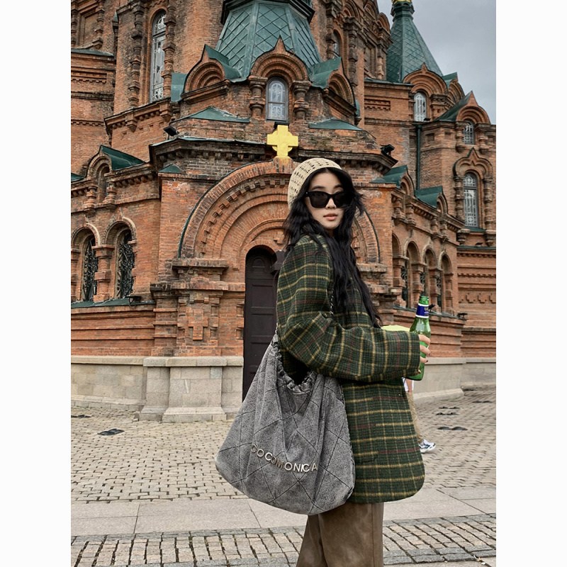 해피유통 여성 체크 패턴 가을 겨울 울 롱 재킷 캐주얼 루즈핏 오버사이즈 lmy M 녹색 M