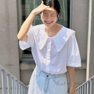 메이브 레이스카라 블라우스,세일러 카라 퍼프 반팔 블라우스 여성 빅사이즈