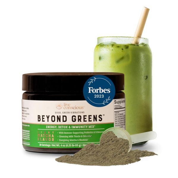 <b>Live Conscious</b> Beyond Greens 슈퍼푸드 파우더 맛있고 복부 팽창을 해소하는 슈퍼 그린 클로렐라 프로바이오틱스가 함유된 마차 블렌드 <b>면역</b> 지원 및 에너지 증