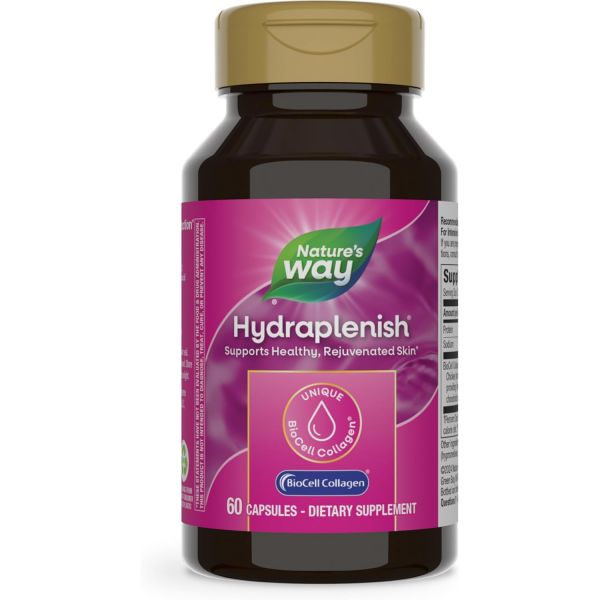Nature’s Way Hydraplenish는 독특한 BioCell Collagen과 히알루론산을 함유하여 건강한 <b>피부</b>를 위한 생성과 <b>탄력</b>을 촉진합니다 60캡슐 포장 다를 수