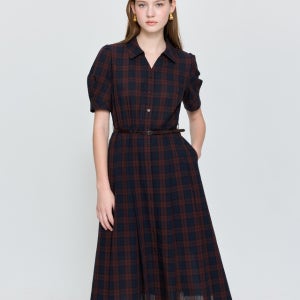 [헤지스 여성] V넥 체크 플리츠 원피스 와인 HSDR5C703D2