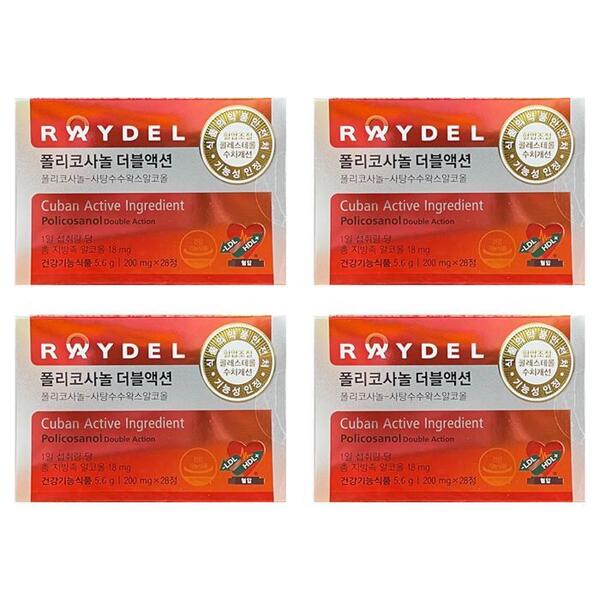 <b>레이델코리아</b> RAYDEL <b>레이델</b> 폴리코사놀 더블액션 200mg x 28정 4박스 HIS (12579841)