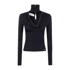 블루마린 블랙 하이 넥 키홀 롱 슬리브 블라우스 A522C407A N0990
