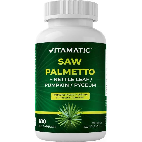 남성 및 여성용 Vitamatic Saw Palmetto <b>추출물</b> 180개 식물성 캡슐 호박씨 <b>피지움</b> 쐐기풀 잎으로 제조 미국산 건강한 전립선 기능 증진  남성 및 여성용 Vitam