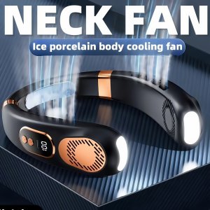 휴대용 LED 디스플레이 & 5단 속도 조절 넥 팬 - USB 충전식 핸즈프리 쿨링 팬, 홈/오피스/사이클링/여행용 - 슬림한 블랙 & 로즈 골드 디자인, 내구성 플라스틱 소재,