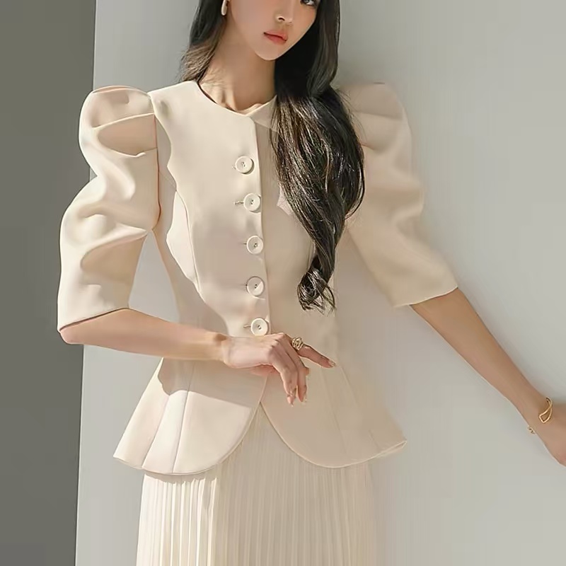 여성 퍼프소매 블라우스 자켓 반팔 하객룩 정장 블랙 페플럼 상의 S-XL JoYouth  베이지  S