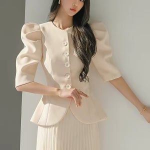 여성 퍼프소매 블라우스 자켓 반팔 하객룩 정장 블랙 페플럼 상의 S-XL JoYouth  베이지  S