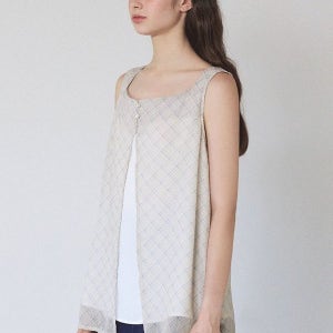 [미케네] [44-120] Ezra Layered Blouse 에즈라 레이어드 블라우스 (여름-데일리룩-데이트룩-출근룩-빈티지룩-슬리브리스-쉬폰-체크-스퀘어_MN2502BL58