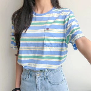 타미힐피거 남녀공용 원포켓 블루 멀티 스트라이프 반팔 티셔츠 4741