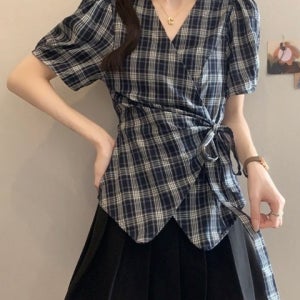 브이넥 체크포인트 랩스타일 체슈린여름블라우스