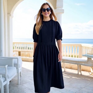 플로렌느 블랙 레이스 & 핀턱 하이웨이스트 셔링롱 원피스[프린세스걸 라운드 5부 반팔 포켓 클래식 퍼프 소매 면 긴 여름 고급 데일리룩 여행룩 나들이룩 휴양지룩 바캉스룩 명품 원단