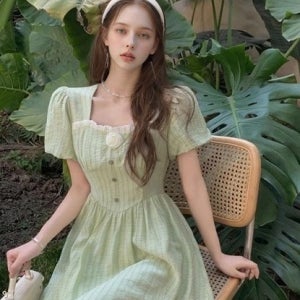 [대여] 라이트그린 미니 화이트 로즈 퍼프 원피스 졸사 졸업사진컨셉 경성의복