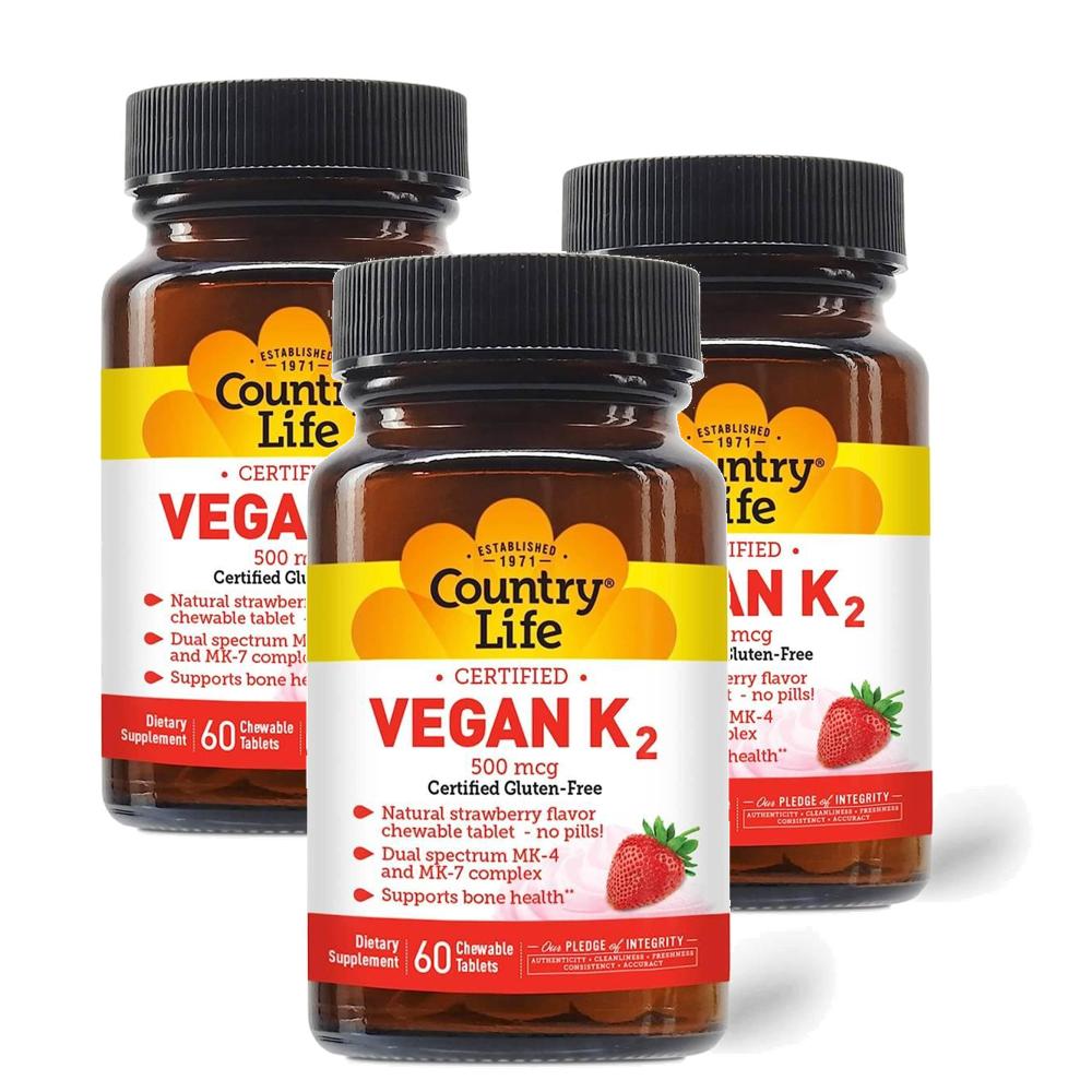 <b>컨트리라이프</b> 비건 <b>비타민K2</b> 500mcg 츄어블 딸기맛 <b>Country Life</b> Vegan <b>K2</b>  3개  60정