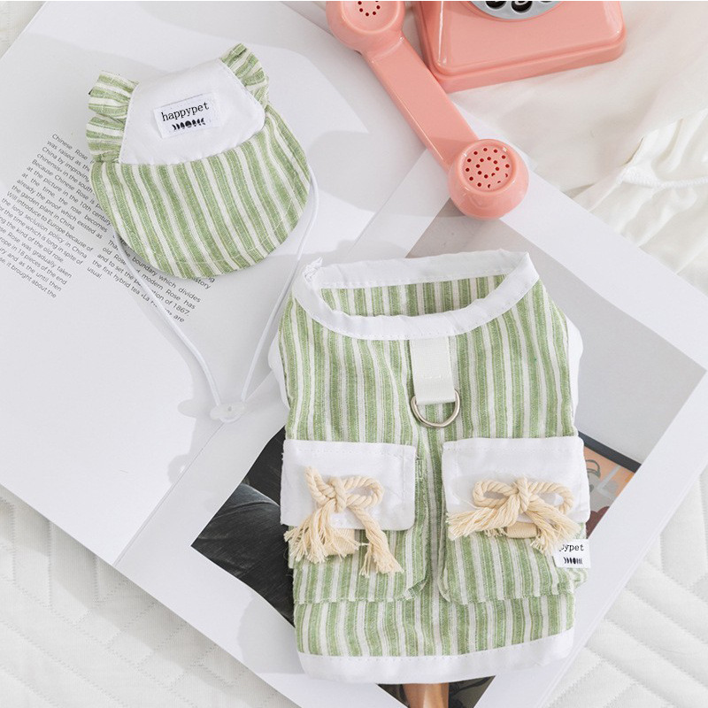 해피유통 캣독 공용 스트라이프 나시 심플 후드 세트 봄여름 펫웨어 CLY  XL  녹색 (모자와 함께 제공  견인 가능)  1개