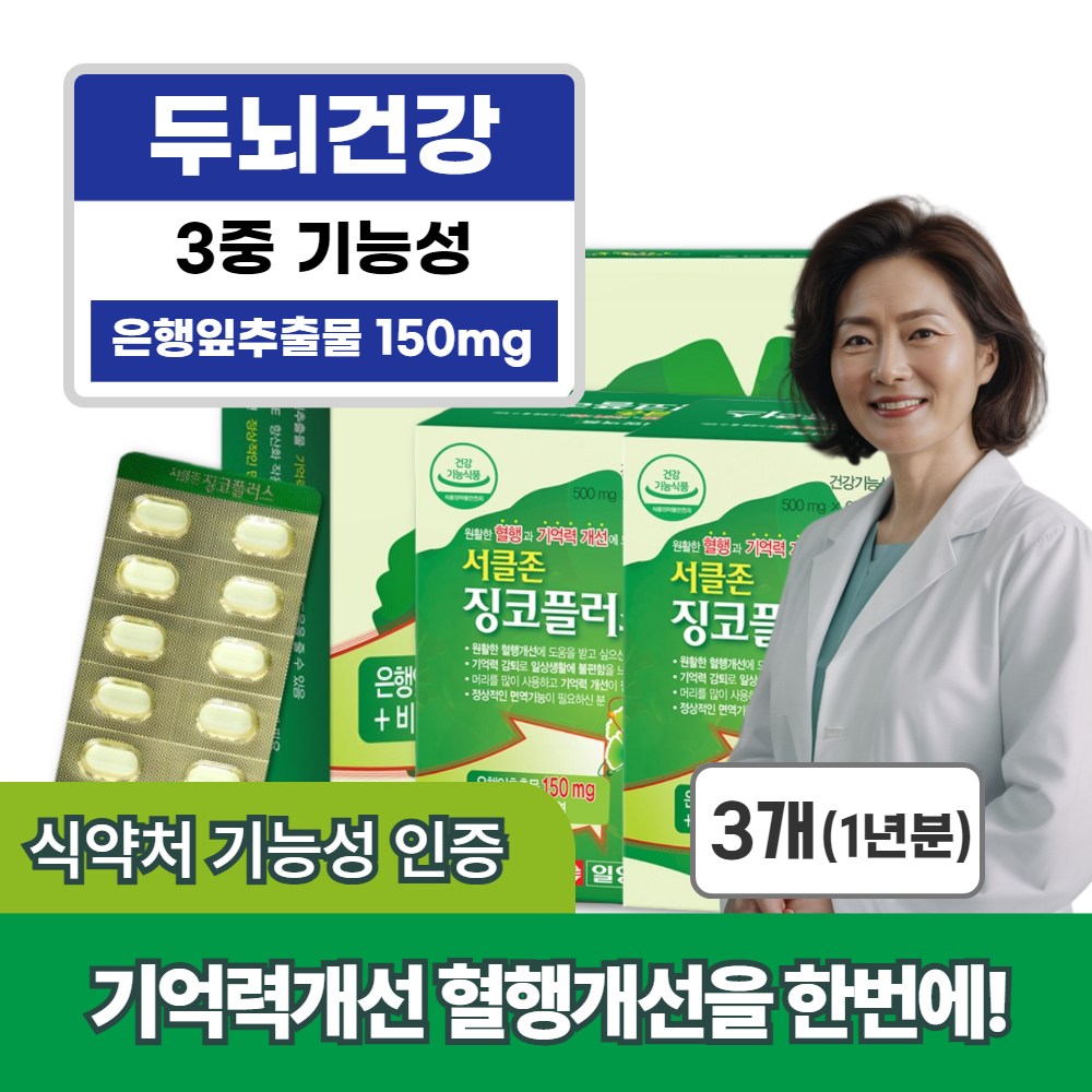 기억력개선 혈액순환 아연 징코 은행잎추출물 남성 여성 두뇌건강 영양제  3개  120정