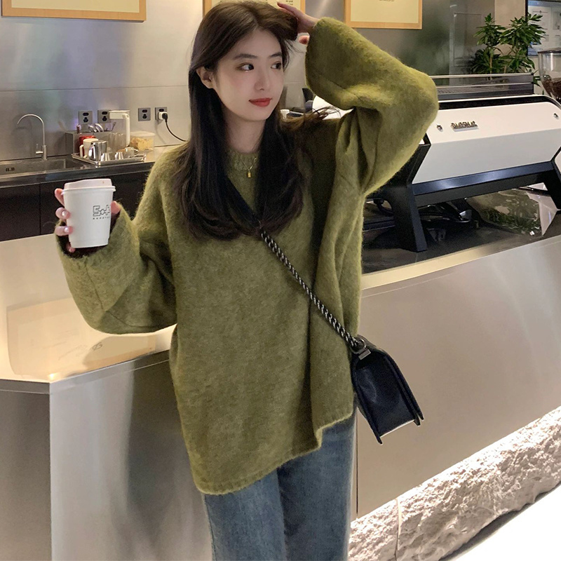 해피유통 여성용 루즈핏 솔리드 컬러 라운드넥 플러피 니트 스웨터 긴팔 가을 겨울 의류 lmy  S  녹색  S