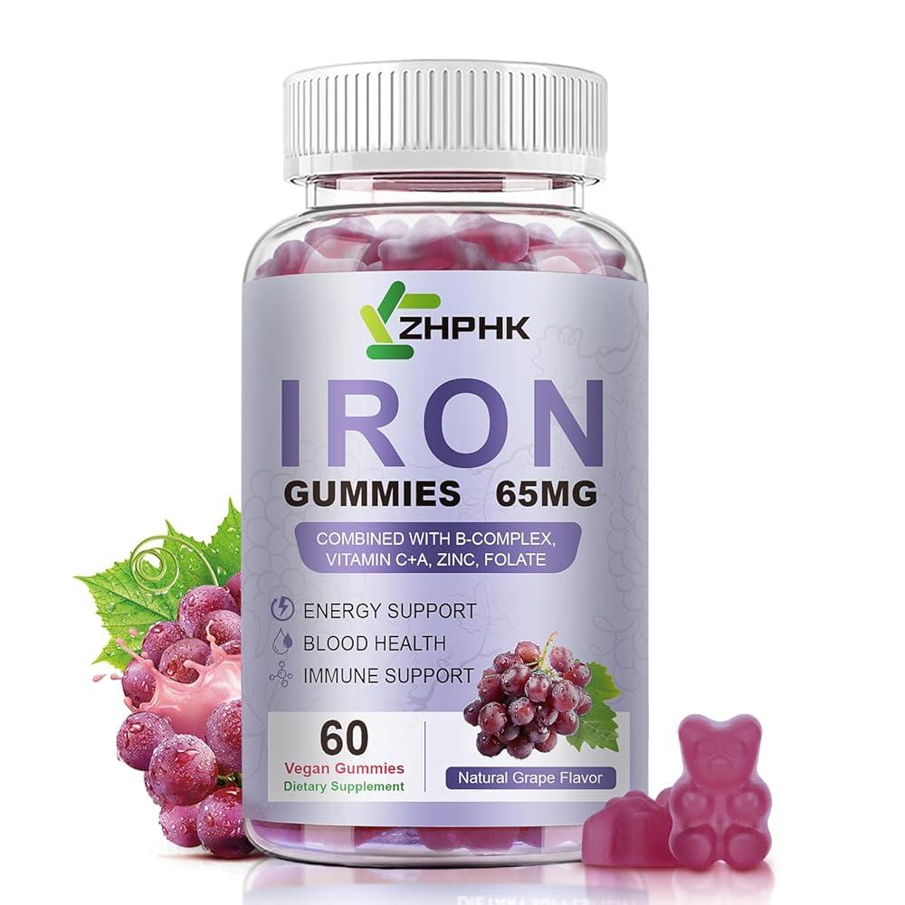 비건 철분 보충제 65mg 여성 및 남성용 젤리 비타민 C 250mg A B-복합체 비오틴 아연 <b>엽산</b> 에너지 <b>부스트</b>를 위한 면역 건강 120개 164723  60개 (1팩)  포도