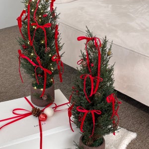 크리스마스 레드 리본 미니트리 솔방울 홈데코 조화장식, 미플레르(Mifleur)