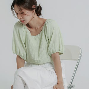 엑츠 엠보 밴딩블라우스,지지미 퍼프 반팔 블라우스 U넥 여성 빅사이즈