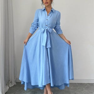 여성 솔리드 컬러 셔츠 칼라 전면 버튼 긴팔 미니멀리스트 드레스