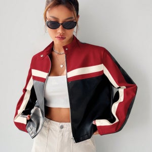 컬러블록 집 업 크롭 자켓, 가을철 여성 캐주얼 지퍼 정규 소매 스탠드 칼라 정규 핏 블랙 스트라이프 여성 자켓, 일상 착용용