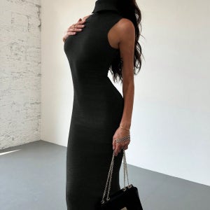 미니멀리스트 출퇴근 젊은 스트릿웨어 그레이 하이 칼라 터틀넥 민소매 핏티드 H라인 초장 여성 스웨터 드레스