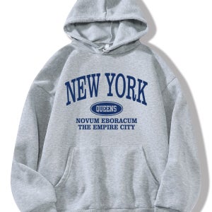 레터 그래픽 캥거루 포켓 끈 보온 후드 NEW YORK QUEENS NOVUM EBORACUM THE EMPIRE CITY, 긴팔 탑