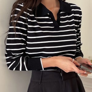 스트라이프 패턴 칼라 스웨터, 긴팔 탑 가을