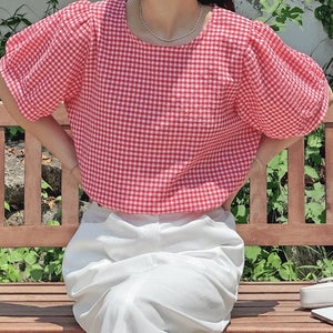 나트 고방체크 퍼프블라우스 LO0808,체크 퍼프 반팔 블라우스 라운드넥 여성 빅사이즈