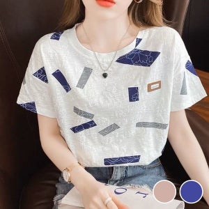 [맘투맘스] 입체 꽃무늬 사각 패턴 반팔 티셔츠 날씬하고 시원한
