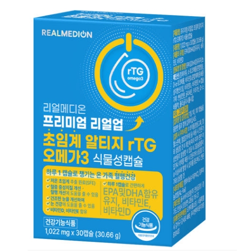 리얼메디온 프리미엄 리얼업 초임계 <b>알티지</b> <b>rTG 오메가3</b> 식물성캡슐 1022mg x 30캡슐, 6개