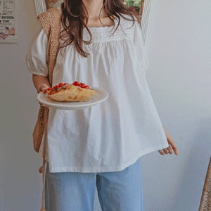모아 스퀘어 펀칭블라우스,레이스 스퀘어넥 셔링 퍼프 반팔 블라우스 여성 빅사이즈