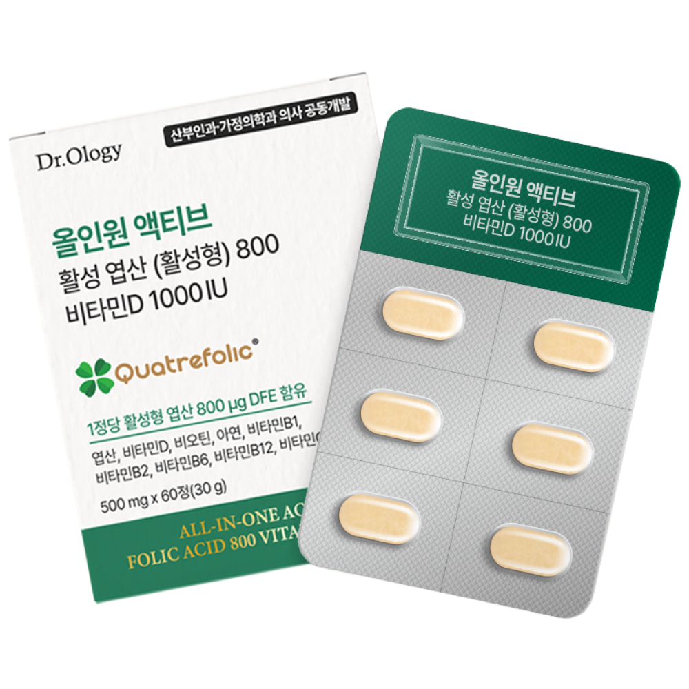 닥터올로지 올인원 <b>액티브 활성 엽산 800</b> 비타민D 1000IU 500mg x 60정, 1개