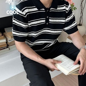 네슬로 스트라이프 카라 니트 반팔 티셔츠