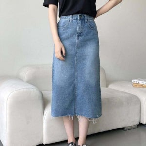 패션플러스 모노무드 하단 솔기 뒷밴딩 컷팅 내추럴 미디 슬림 포켓 청치마