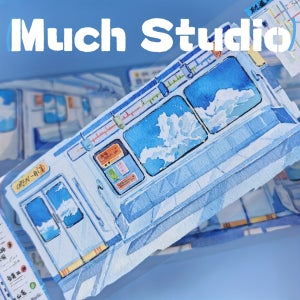 하늘 기차, 파란색 지하철 장면 스티커 테이프 - 저널링, DIY 스크랩북 및 인사말 카드용 - 자체 접착 디자인, 가위로 사이즈 맞춤 절단, 뒷면에 붙이는 스티커, 스크랩북