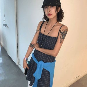 내일도착 미니원피스 [무료배송] 차노 스트라이프 뷔스티에 레이어드 원피스(휴가룩)