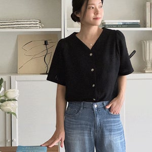 로젤 퍼프 블라우스,스카시 펀칭 퍼프 반팔 블라우스 브이넥 여성 빅사이즈