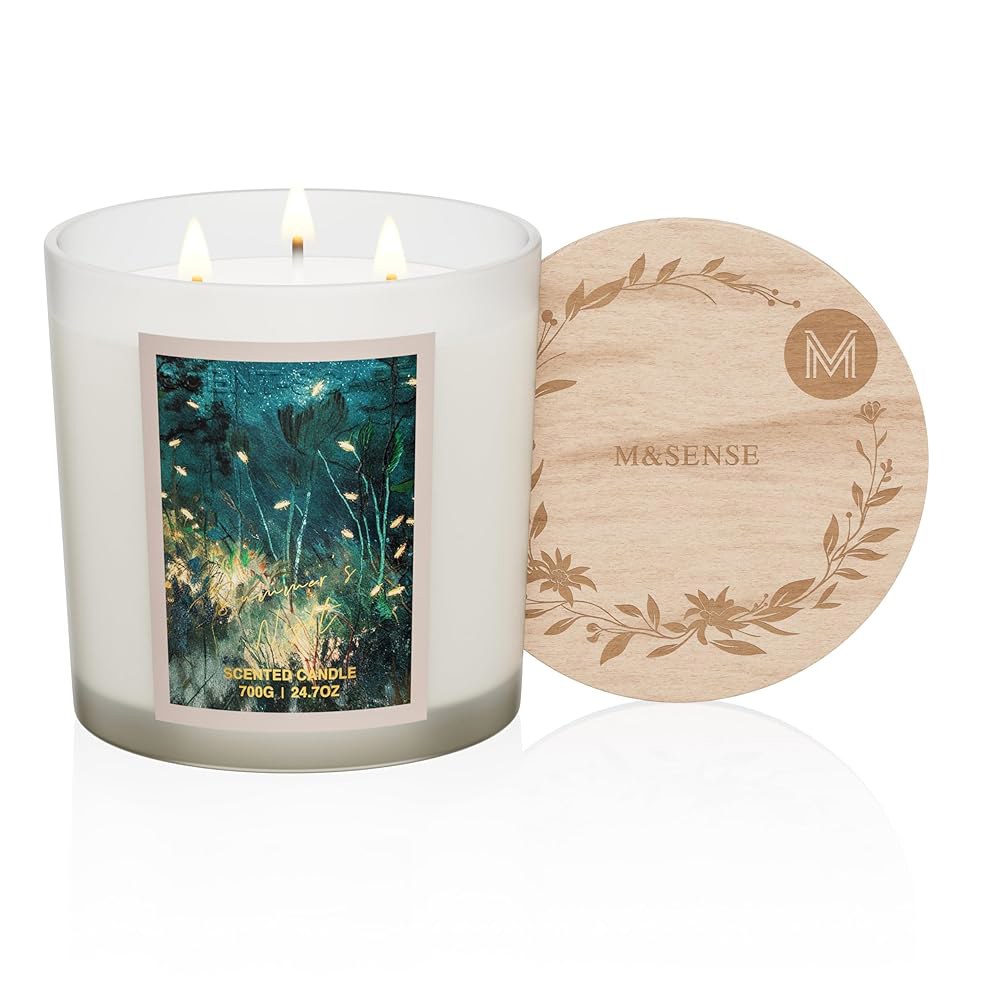 M SENSE 대형 사이즈 3 여름 밤 진정 향초 나무 뚜껑이 24 7 소이 120시간 지속되는 화상 스트레스 해소 명상 휴식을 천연 병 캔들 선물 AND SPICE
