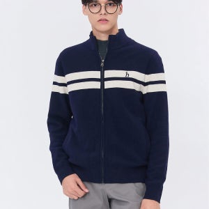 [헤지스 남성] [스테디셀러] 네이비 짜임 울혼방 집업니트 WHSW4D333N3