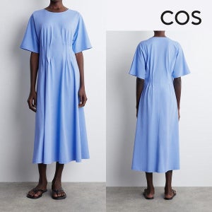 코스 원피스 파이핑 허리 강조 드레스 스카이블루