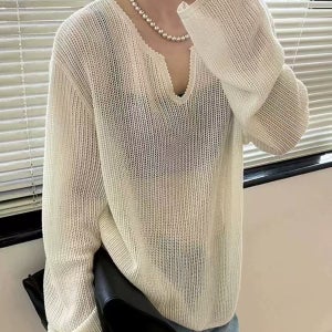 여성 봄여름 루즈핏 니트티 딥브이넥 시스루 간절기 긴팔 데일리 상의  베이지색  FREE