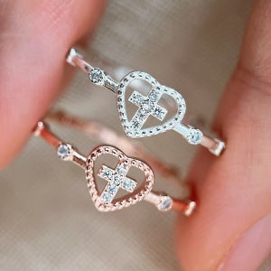 실버 925 아가페 하트 십자가 큐빅 묵주 은반지, 콤다디그레이