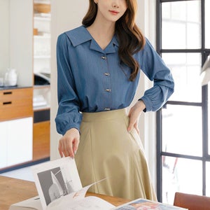 [퍼프소매/버튼포인트]코델라 빅 카라 메탈 데님 블라우스