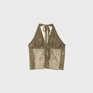 스트라디바리우스 보헤미안 비즈 자수 스트레치 튤 홀터넥 탑 6750/339 KHAKI_P0186750339KHAKI