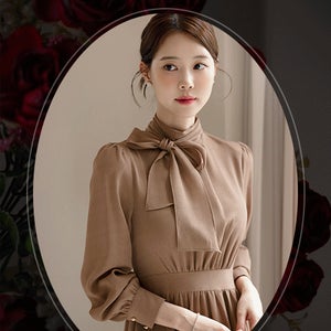 [클래식무드/볼륨감]노아르벨 셔링 타이 플레어 원피스