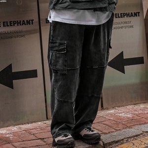 (M-4XL)티니크로 세미와이드핏 데님카고 밴딩팬츠[MO 무릎절개 빅사이]